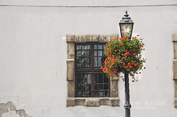 Budapest Window, Lanterns and Geraniums #028